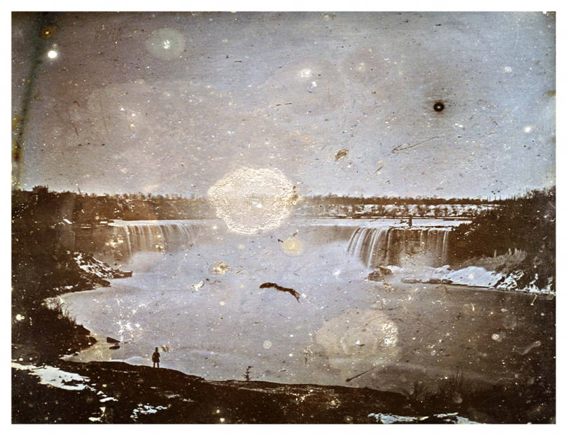 The earliest known photograph of present-day Canada was this daguerreotype taken in 1840 by Hugh Lee Pattinson of Niagara Falls, Ontario (Horseshoe Falls). Due to the dagguerrotype capture process, the image is flipped on the vertical axis so that image right is the United States on the East side of the falls and image left is Canada on the West side of the falls (image is looking South). Courtesy of Newcastle University Library Special Collections, CC-BY-SA-4.0