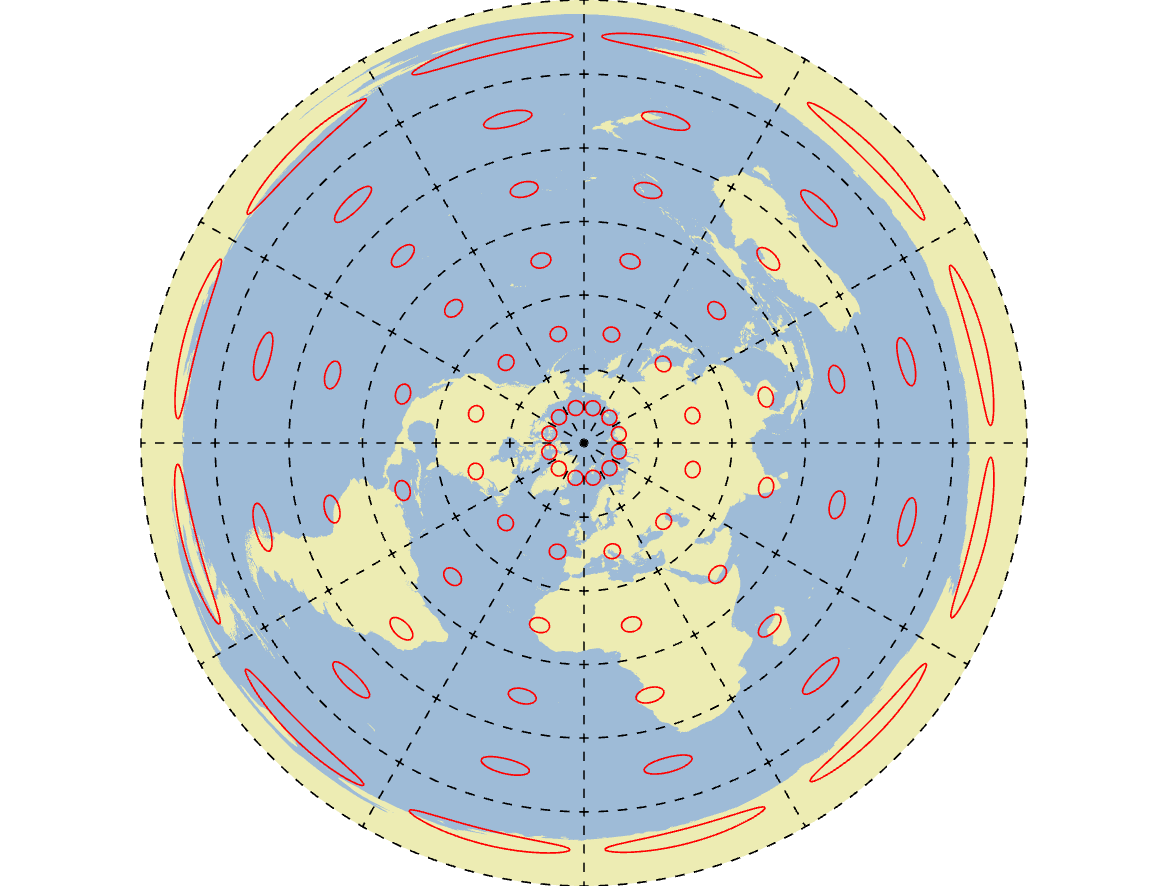 North Pole Azimuthal map projection with Tissot's Indicatrices in red. Pickell, CC-BY-SA-4.0.