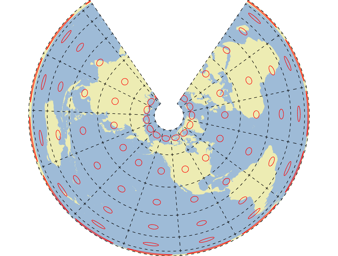 British Columbia Environment Albers map projection with Tissot's Indicatrices in red. Pickell, CC-BY-SA-4.0.