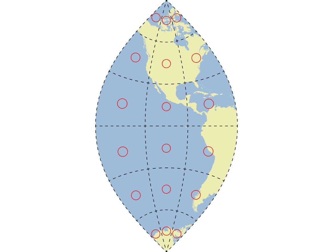 Universal Transverse Mercator Zone 13 map projection with Tissot's Indicatrices in red. Pickell, CC-BY-SA-4.0.