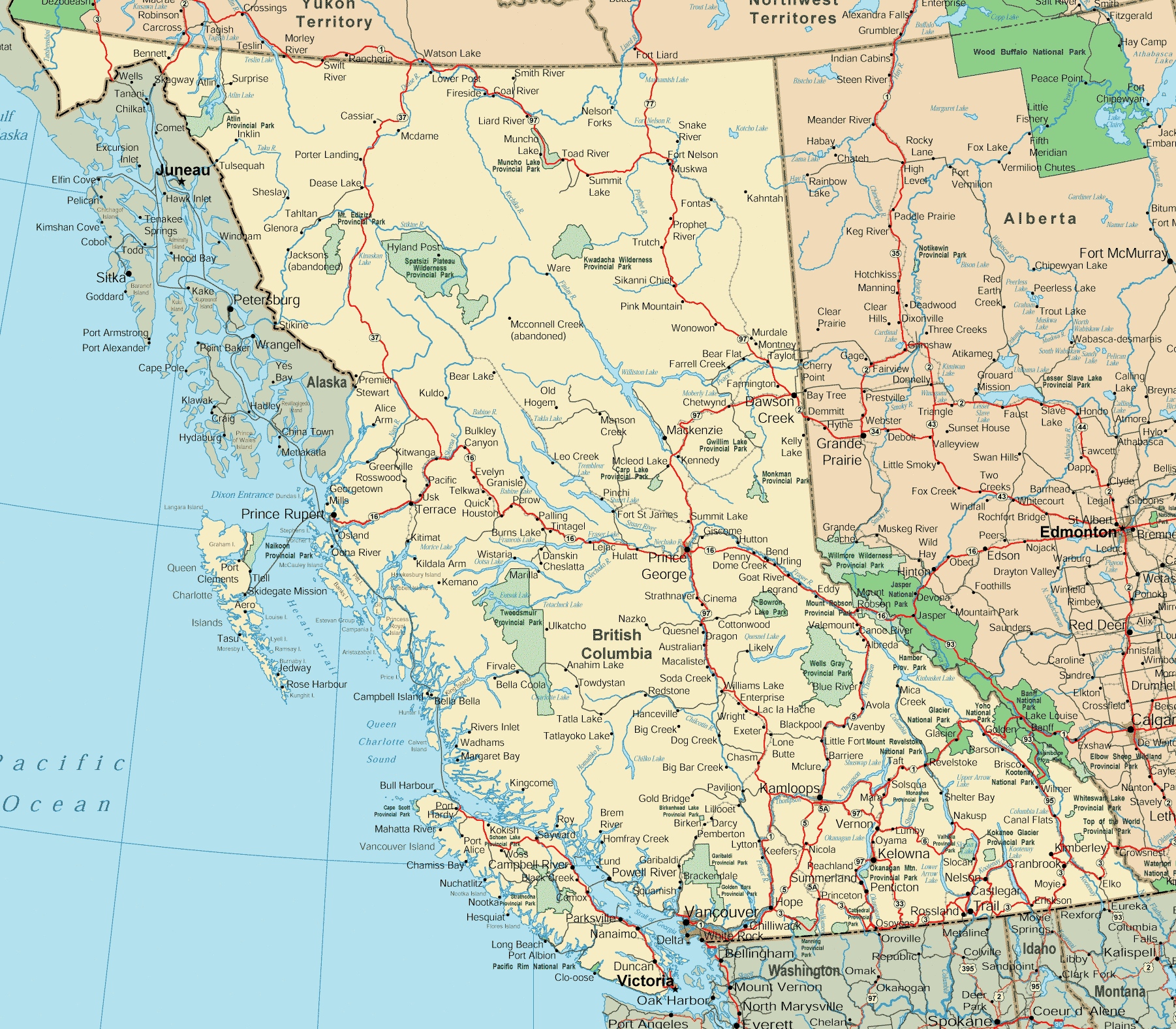 Roads are typically reprented as line data. Though they obviously have an area, unless we are making a very large scale map, we do not need (or have the room) to show that on a map. This British Columbia road altlas makes use of line data, representing roads a lines and using different colors to denote the type of road. Skeeter, CC-BY-SA-4.0.