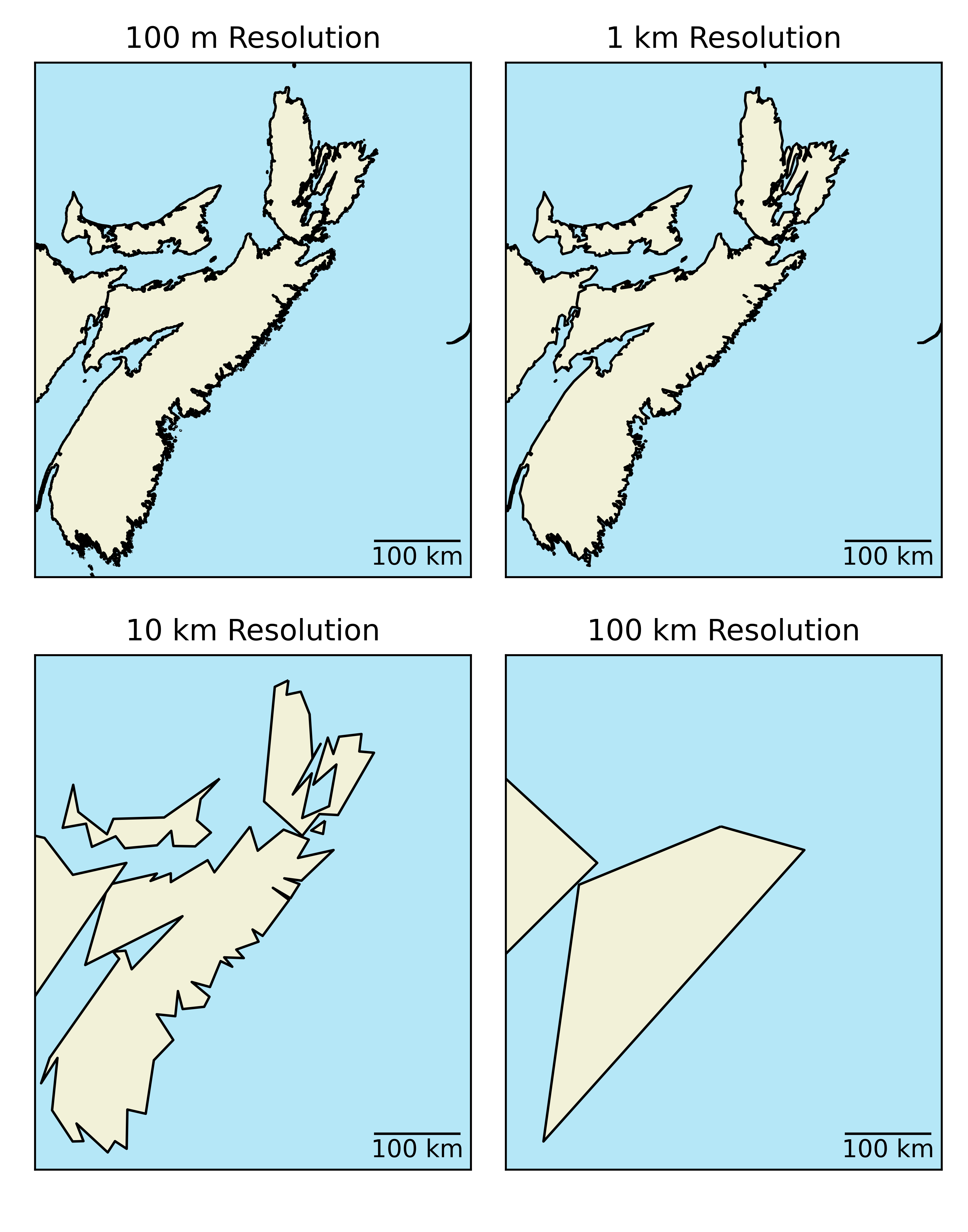 Vector image of Nova Scotia at different resolutions.  Here the original polygon (top left) has been downsampled to lower resolutions, by setting the minimum allowable distance between verticies.  As the distance beween vercicies increases, the resolution decreases and the coastline becomes less distinguishable. Skeeter, CC-BY-SA-4.0.