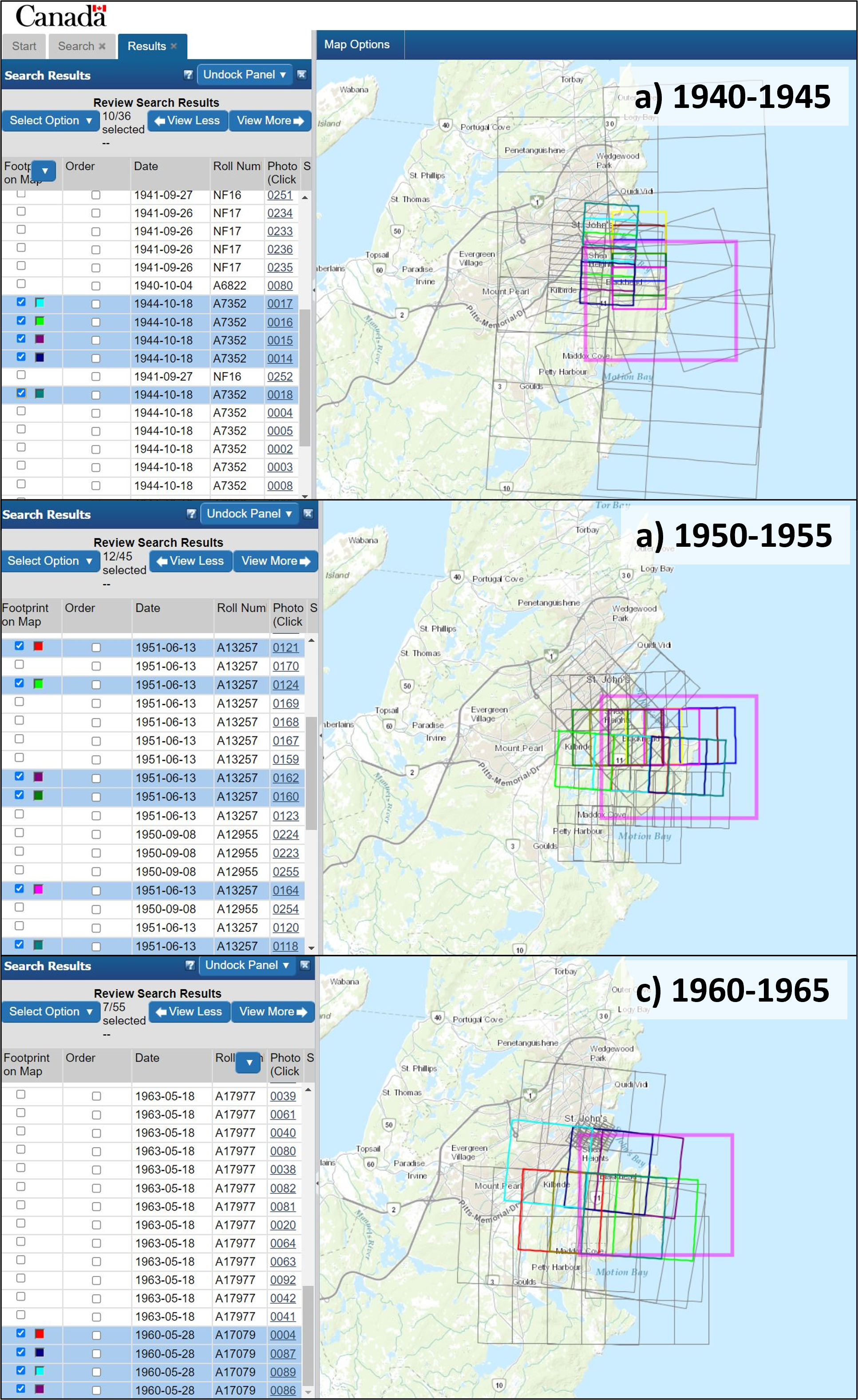 Example showing the availabiltiy of historical aerial photos in eastern Newfoundland at three time steps. Data from @natural_resources_canada_earth_nodate, <a href='https://open.canada.ca/en/open-government-licence-canada/'>Open Government License - Canada</a>.