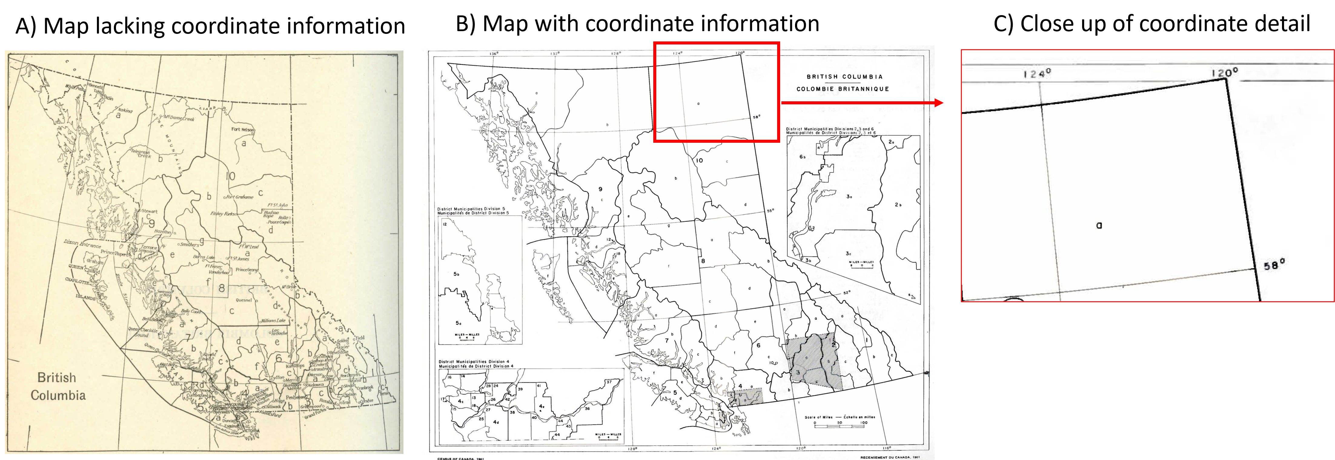 A comparison of (A) an historical census map from 1931 with no graticule versus (B) a 1961 census map with graticule representing latitude and longitude. Panel C shows a close-up of the coordinate detail. Sutherland, CC-BY-SA-4.0.