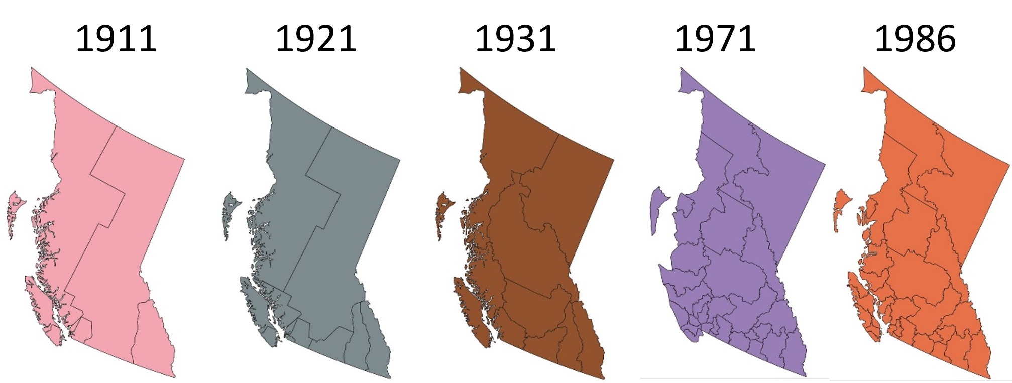 An example of how census boundaries have changed, showing changes in Census divisions for British Columbia from 1911 to 1986. Data from @clark_historical_2016. Sutherland, CC-BY-SA-4.0.