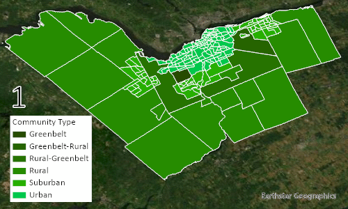 Census areas classified by urbanness according to the Neighborhood Equity Index of Ottawa. Image 1 is before the shapefile was dissolved, and Image 2 is after. The dissolve feature was 'Community Type ' Image created by Blood, CC-BY-SA-4.0. Contains information licensed under the Open Government Licence – City of Ottawa.
