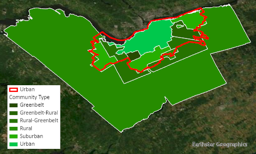The Ottawa-defined urban areas are bordered in red. The black polygons are to be excluded from the analysis, as they are rural or a greenbelt. Image created by Blood, CC-BY-SA-4.0. Contains information licensed under the Open Government Licence – City of Ottawa.