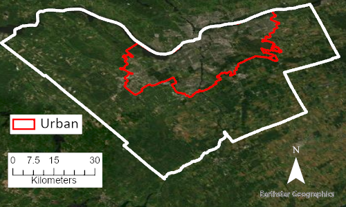 An aerial image of Ottawa, Ontario. The City of Ottawa is bordered in while and the urban areas are bordered in red. Image created by Blood, CC-BY-SA-4.0. Contains information licensed under the Open Government Licence – City of Ottawa.