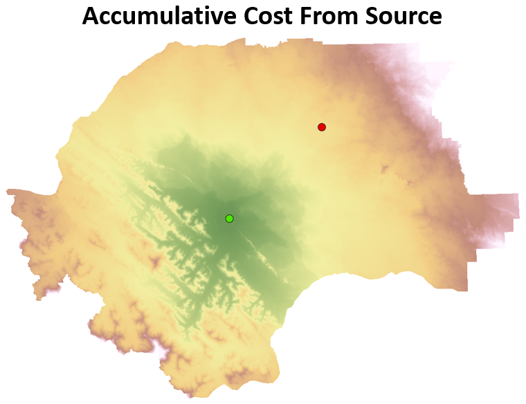 Accumulative cost to move from the green source point location. Pickell, CC-BY-SA-4.0.