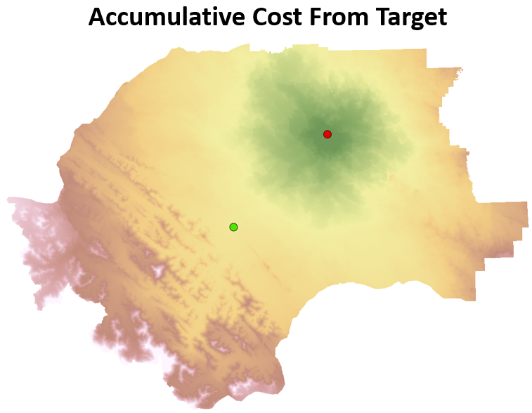 Accumulative cost to move from the red target point location. Pickell, CC-BY-SA-4.0.