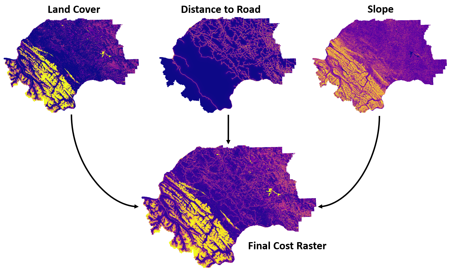 Example of calculating a cost raster using three factors in the Yellowhead Grizzly Bear Management Area of Alerta, Canada: land cover, distance to road, and terrain slope. Pickell, CC-BY-SA-4.0.