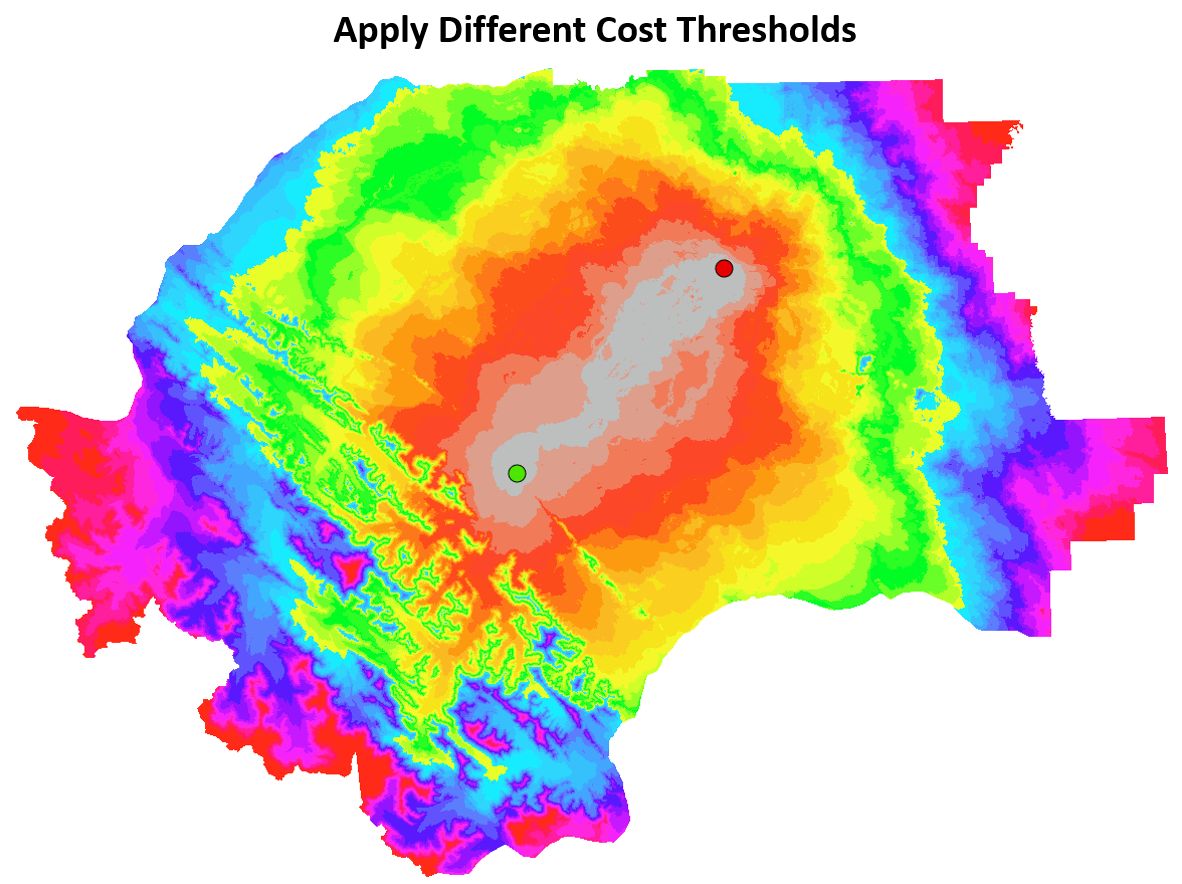 Applying thresholds to the accumulative cost raster can reveal least cost corridors rather than a single least cost path. Areas coloured the same represent similar cost tolerance between the green source location and the red target location. Pickell, CC-BY-SA-4.0.