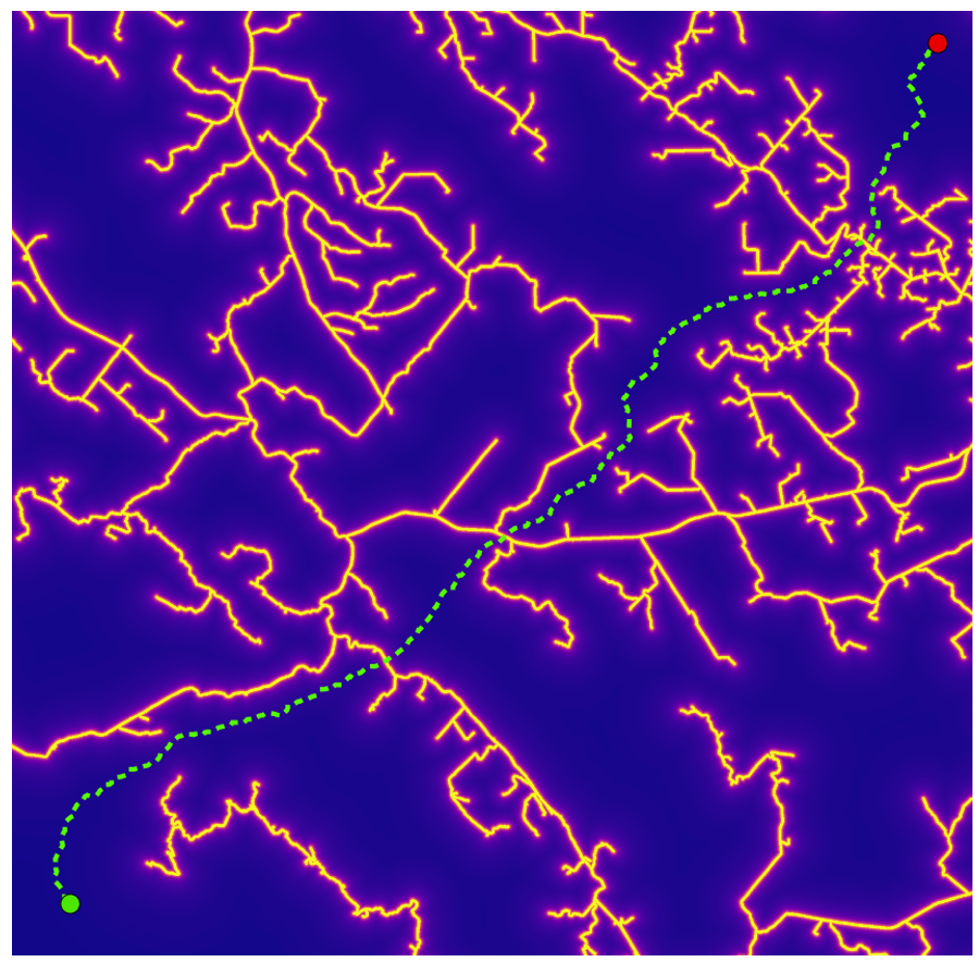 Example of a least cost path traced across a cost raster representing distance to road. In this analysis, distance to road is minimized across the entire length of the least cost path. Still, the least cost path must cross several road segments. Pickell, CC-BY-SA-4.0.