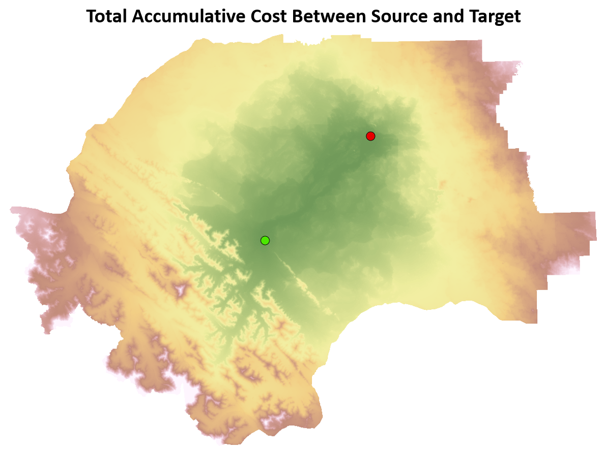 Total accumulative cost to move between the green source point location and the red target point location. Pickell, CC-BY-SA-4.0.