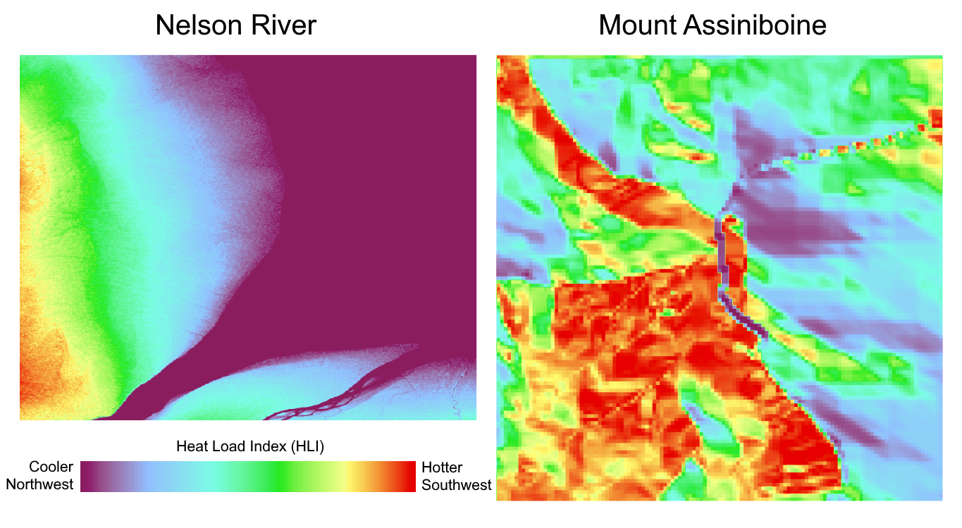 Comparing Heat Load Index (HLI) for Mount Assiniboine and the Nelson River. Pickell, CC-BY-SA-4.0.