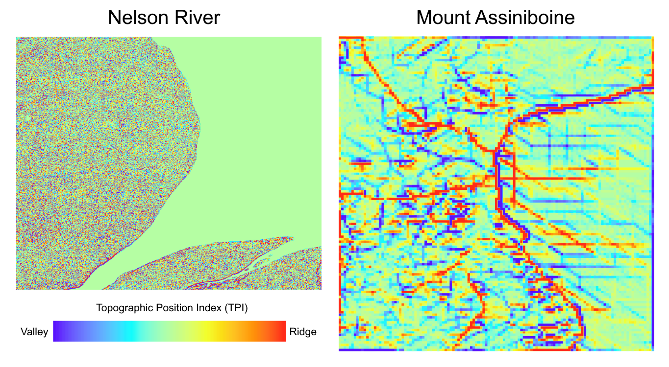 Comparing Topographic Position Index (TPI) for Mount Assiniboine and the Nelson River. Data from @natural_resources_canada_canadian_2015 and @maxar_precision3d_nodate, respectively. Pickell, CC-BY-SA-4.0.