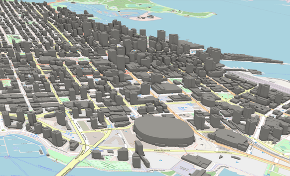 Animation showing building polygons in Vancouver, British Columbia extruded by a height attribute. <a href='https://ubc-geomatics-textbook.github.io/geomatics-textbook/#fig:9-vancouver-building-height-extruded'>Animated figure can be viewed in the web browser version of the textbook</a>. Building data from @city_of_vancouver_notitle_2009, licensed under <a href='https://opendata.vancouver.ca/pages/licence/'>Open Government License - Vancouver</a>. Base map © @openstreetmap_notitle_nodate contributors, licensed under Open Data Commons Open Database License. Pickell, CC-BY-SA-4.0.