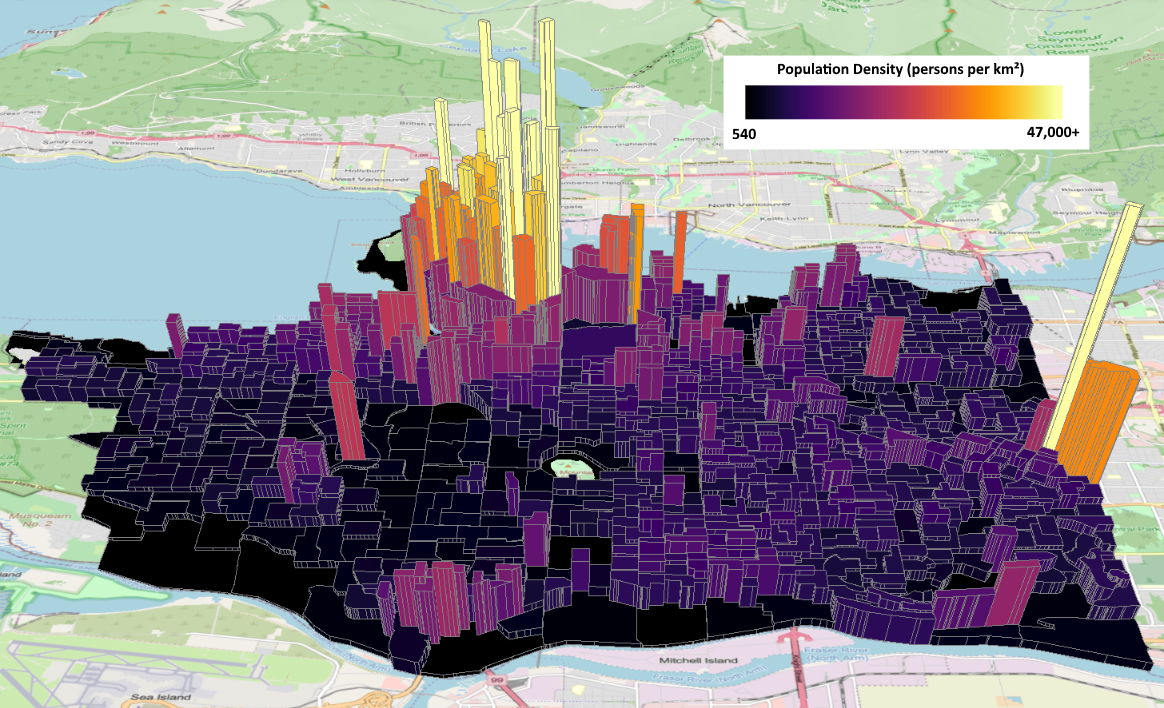 Census dissemination areas extruded by population density (2016) for Vancouver, British Columbia. Census data from @government_of_canada_focus_2017, licensed under Statistics Canada Open License. Reproduced and distributed on an 'as is' basis with the permission of Statistics Canada. Base map © @openstreetmap_notitle_nodate contributors, licensed under Open Data Commons Open Database License. Pickell, CC-BY-SA-4.0.