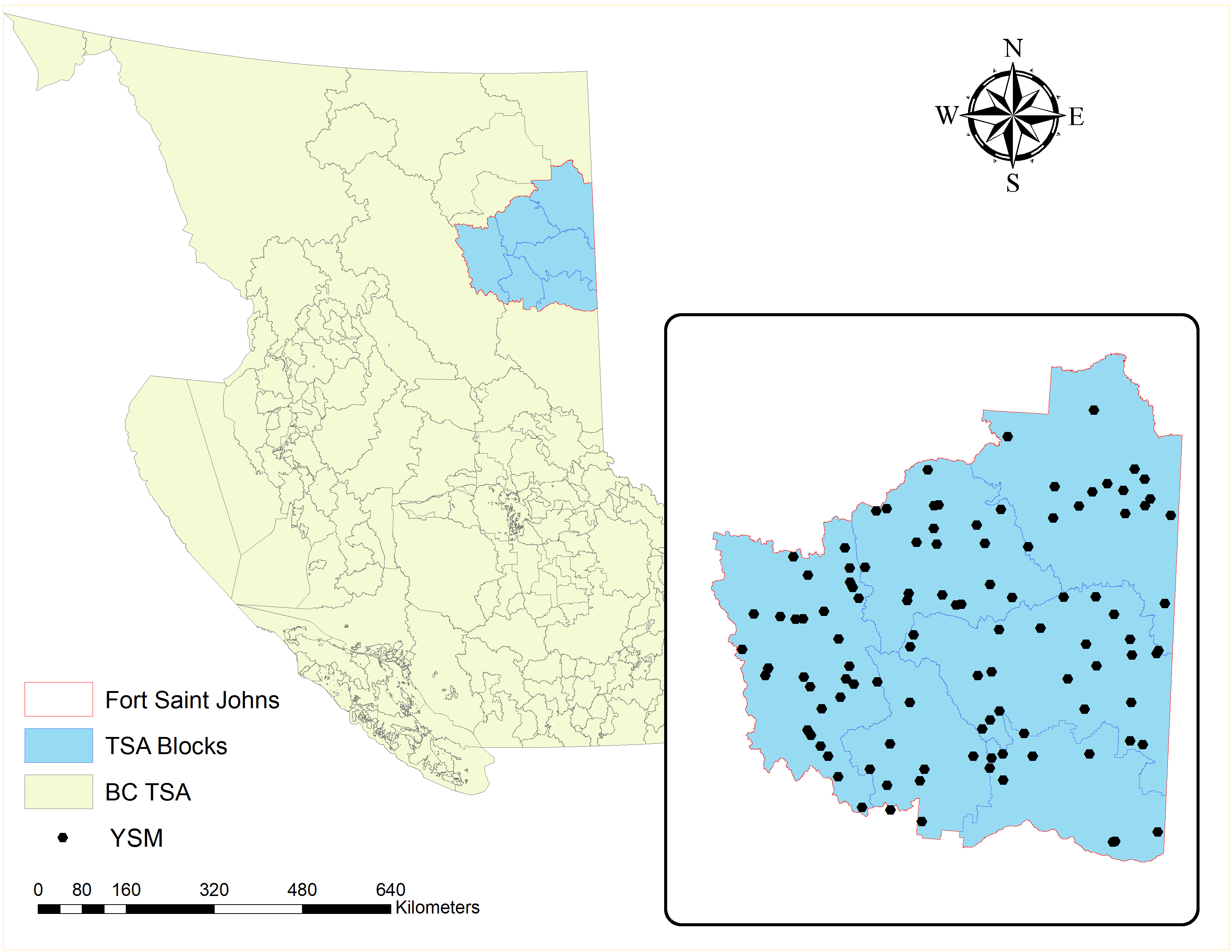 Location of Fort Saint Johns Timber Supply Area (TSA) in British Columbia (BC), Canada and the young stand monitoring (YSM) plots. Nepal, CC-BY-SA-4.0.
