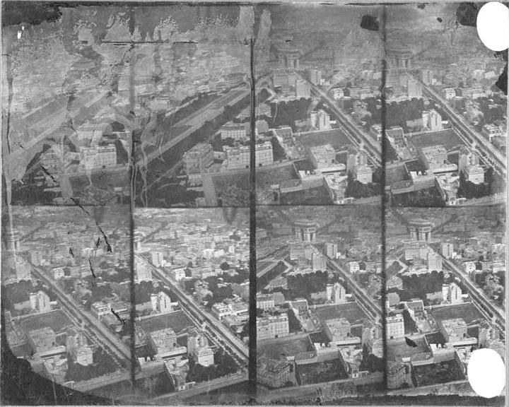Images of the Arc de Triomphe in Paris, France taken by Tournachone from a balloon in 1968 [@nadar_arc_1868].