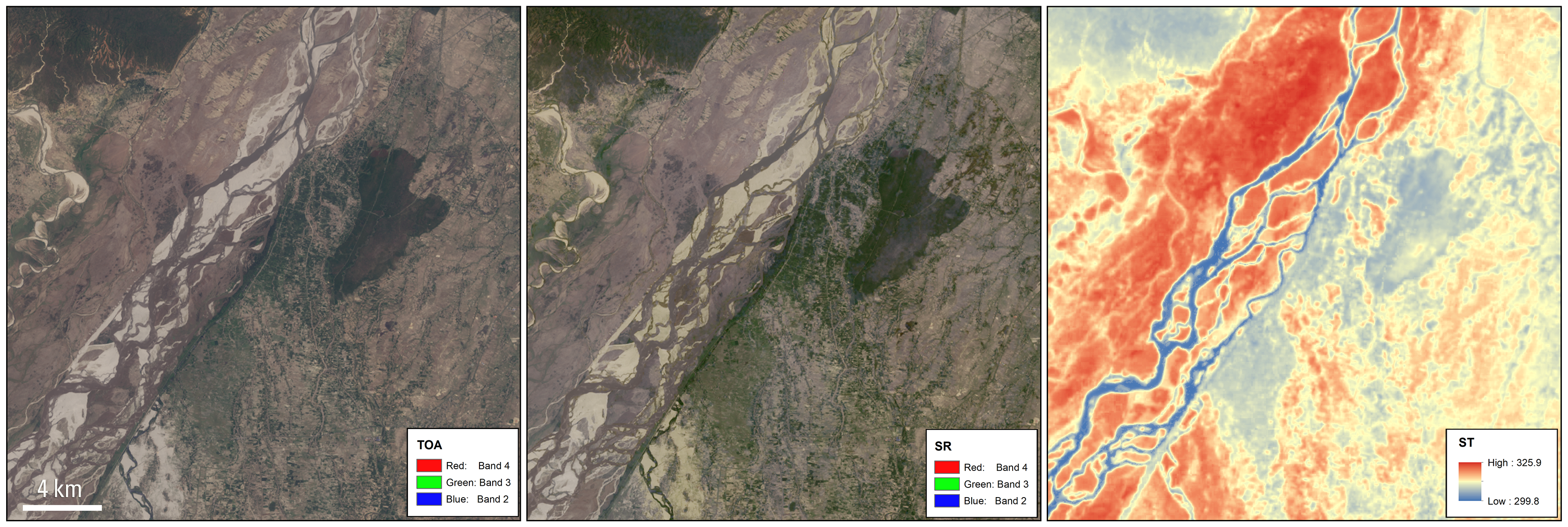 Three unique Landsat 8 Collection 2 images. In order from left to right: Level-1 Top of Atmosphere reflectance image (no atmospheric correction), Level-2 atmospherically corrected surface reflectance and Level-2 surface temperature. Images were collected on May 3, 2013 over the Sapta Kosh River in Bairawa, Nepal [@bouchard_example_2013]. Public domain.