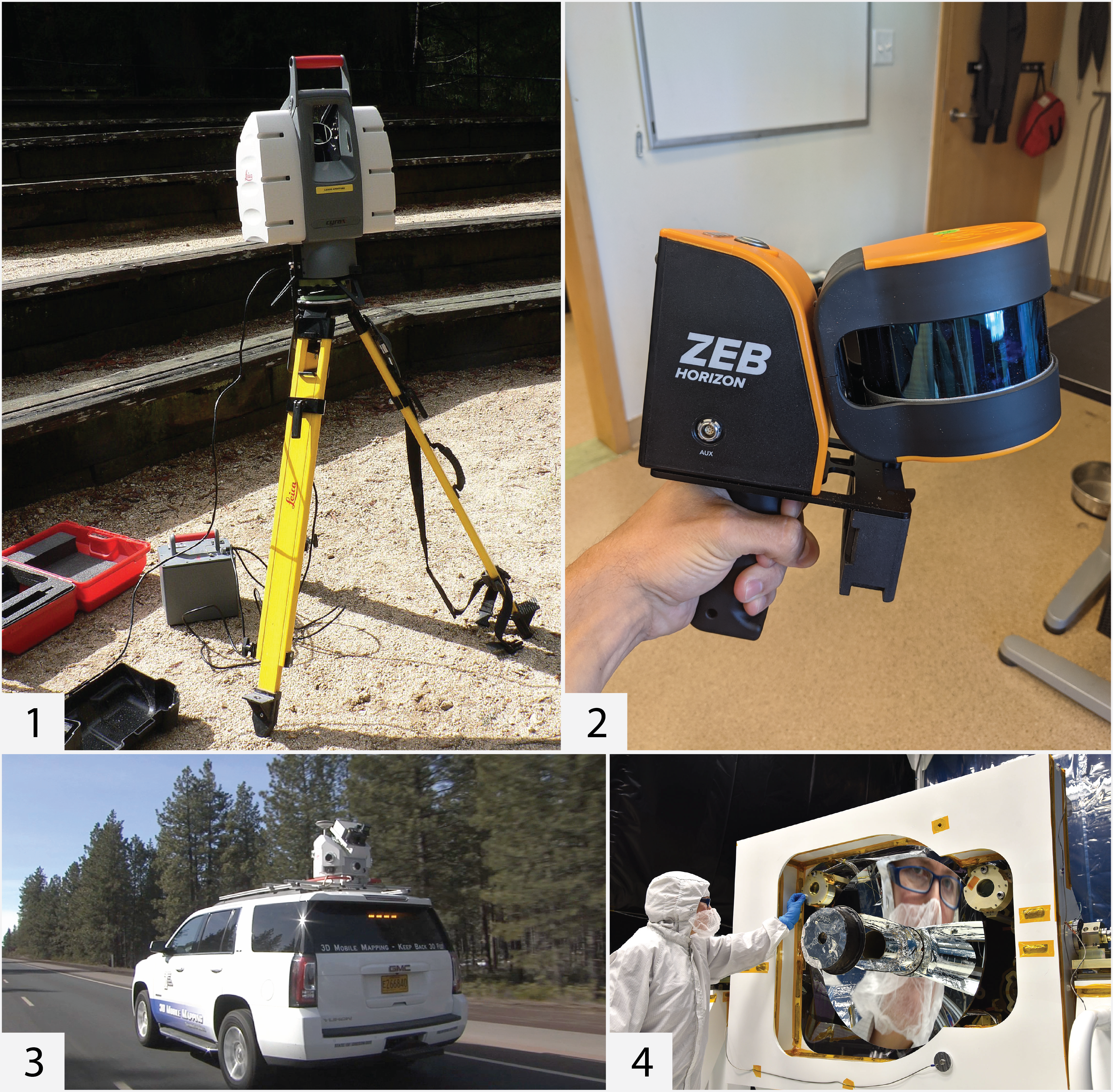 LiDAR Platforms 1: A terrestrial laser scanner (TLS). 'Lidar P1270901.png', @monniaux_lidar_2007, CC-BY-SA-3.0. 2: A hand-held moblie laser scanner (MLS). Du Toit, CC-BY-SA-4.0. 3: Car mounted MLS. '3D mobile mapping unit', @oregon_department_of_transportation_3d_2016, CC-BY-2.0'. 4: GEDI, a spaceborne LiDAR sensor. 'A New Hope: GEDI to Yield 3D Forest Carbon Map', @neon_education_key_2014, CC-BY-2.0.