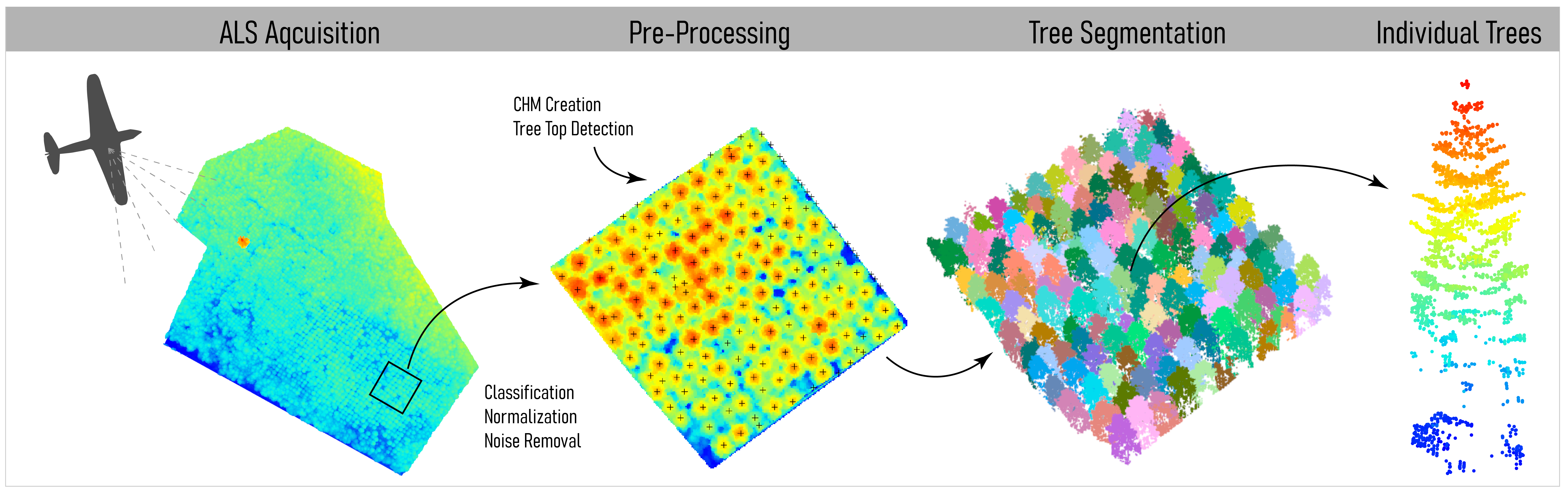 A typical LiDAR processing workflow. After acquiring data, pre-processing is necessary to clean and normalize the point cloud. After this a CHM can be created to detect tree tops, before segmentating the point cloud based on these points. Du Toit, CC-BY-SA-4.0.