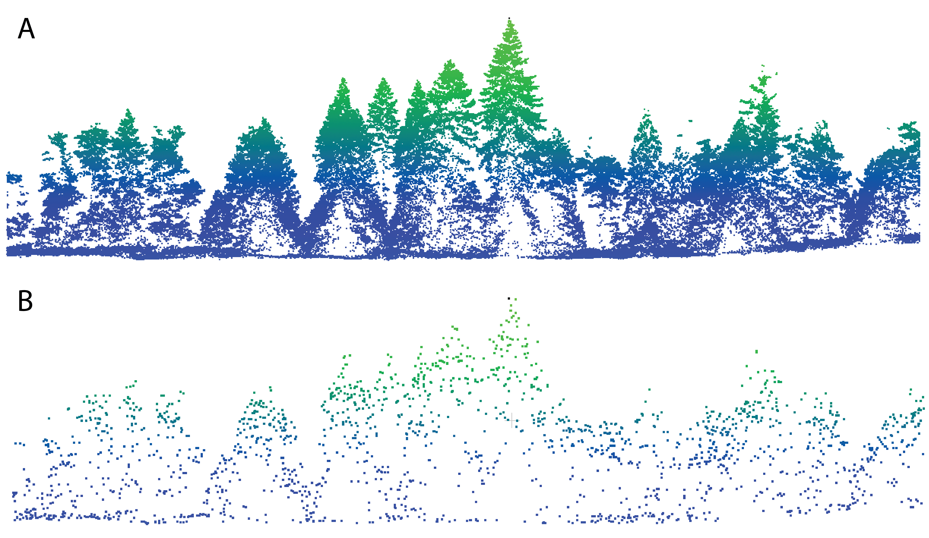 A cross section of a high density point cloud (A, 80 points·m^-2^), and a lower density point cloud (B, 1 point·m^-2^). Du Toit, CC-BY-SA-4.0.